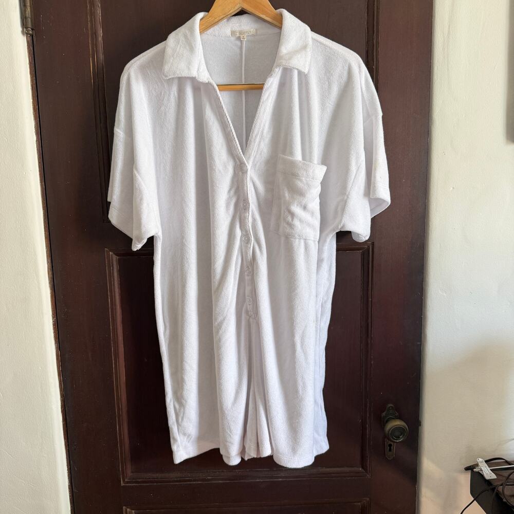 Z SUPPLY White Terry Cloth collared Romper Swim Cover Up | XL